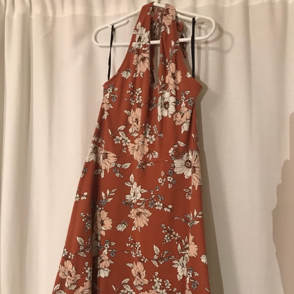 Brown orange floral halter dress